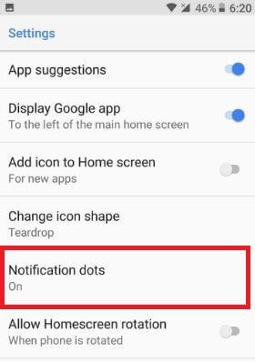 Disabilita i punti di notifica dalle impostazioni della schermata iniziale su Android Oreo