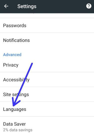 Impostazioni della lingua in Google Chrome Android