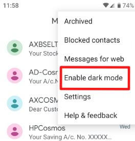 Attiva oscurali nell'app dei messaggi Android